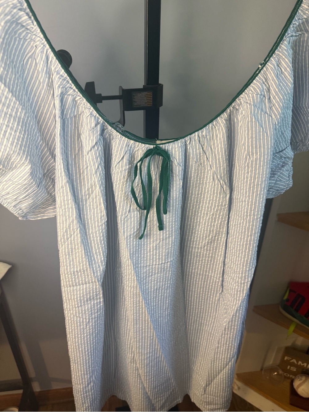 aerie Light Blue and White Striped Midi Dress with Green Trim